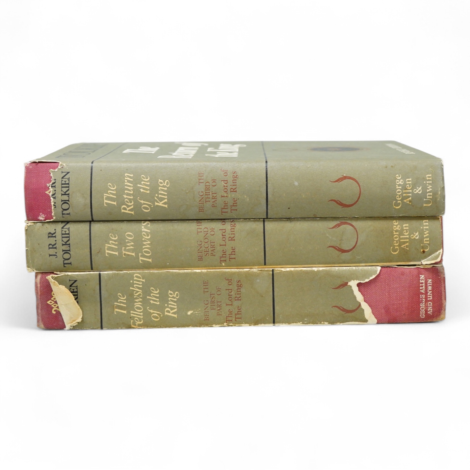 Tolkien, J.R.R. - The Lord of the Rings. 3 vols., 2nd edition. each volume with the folded and coloured map, additionally vol.1 with an outline colour map and 2 lines of facsimile text, half titles present; publisher's g